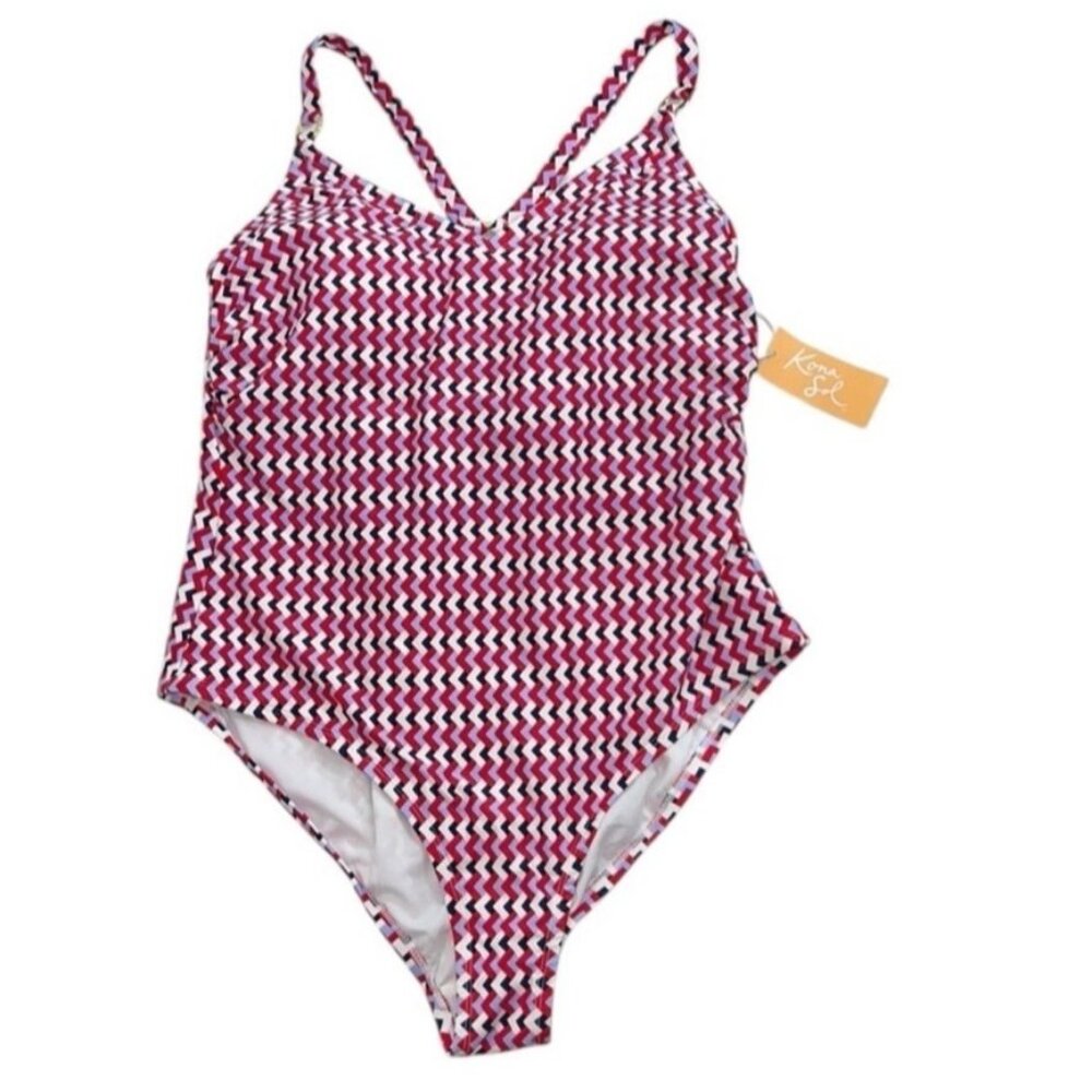Kona Sol One Piece Swimsuit Womens 18 Red Blue Zigzag Adjustable Back